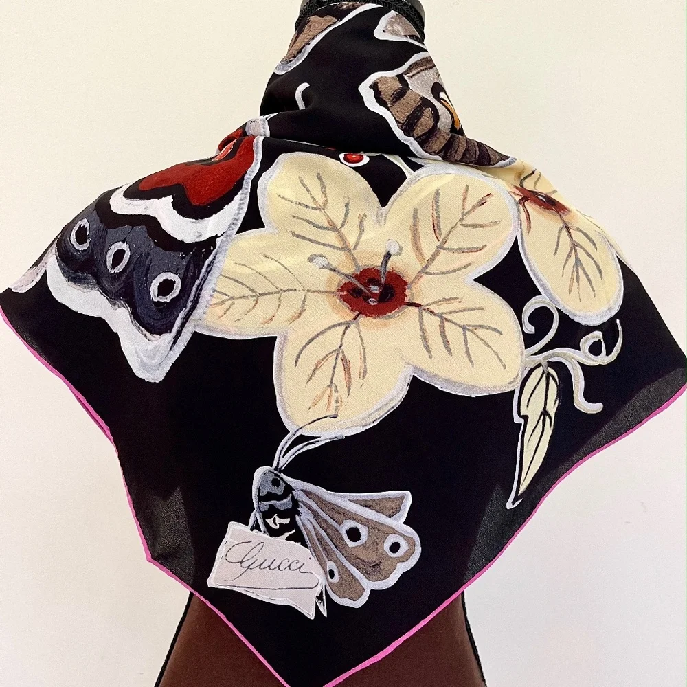 Gucci Unisex Scarf Kris Knight Butterfly Flora Black Silk Wrap